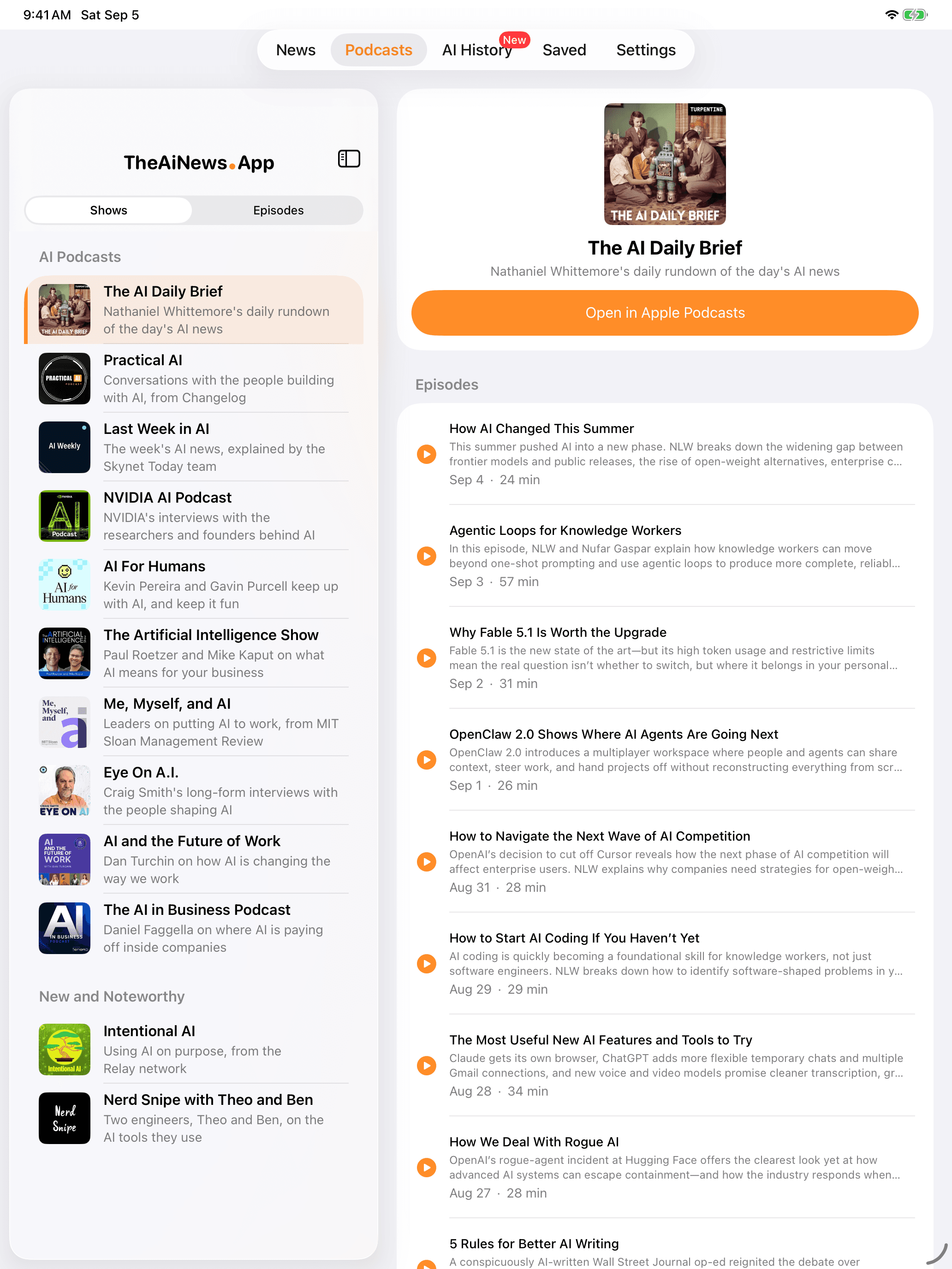 The Podcasts tab on iPad, a show open beside the shelf, with the same tab on iPhone beside it