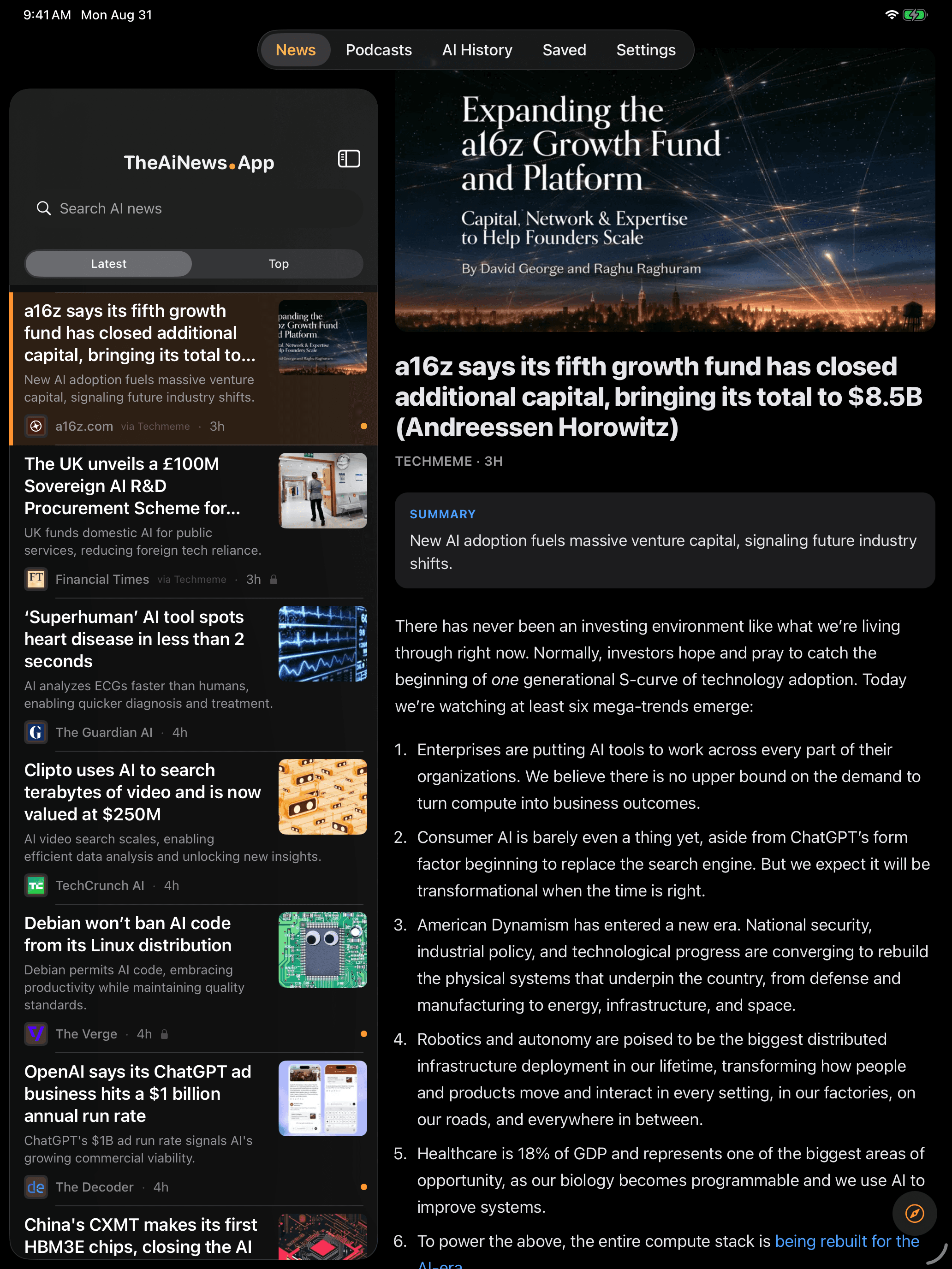 The news feed in dark mode, on iPad with the same screen on iPhone beside it