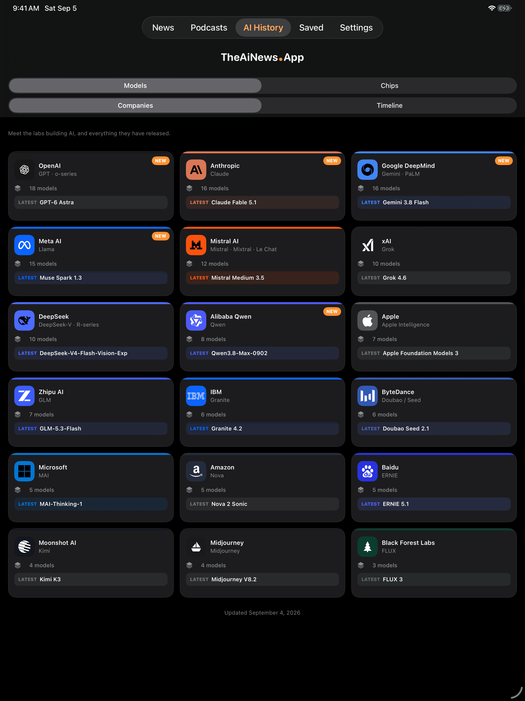 AI History in dark mode, on iPad with the same screen on iPhone beside it