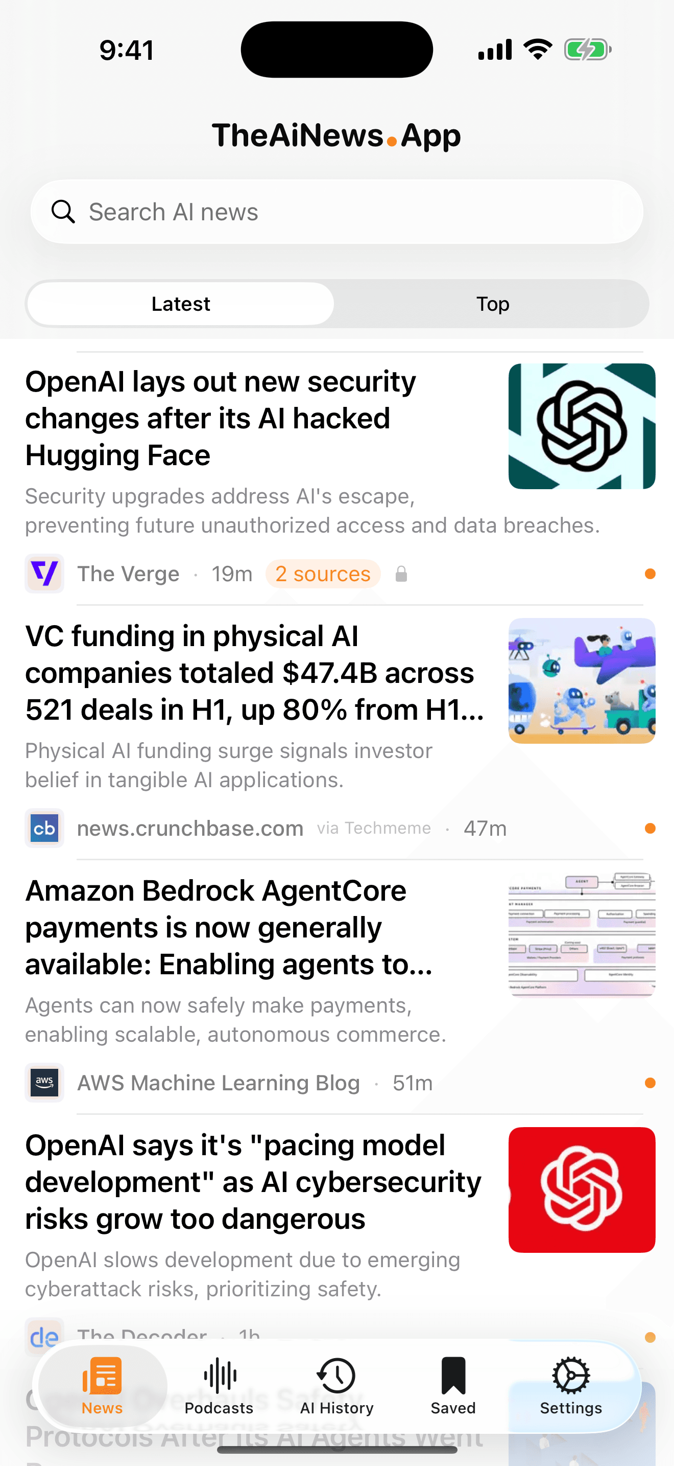 The News feed in TheAiNews.App, each headline followed by a short AI summary