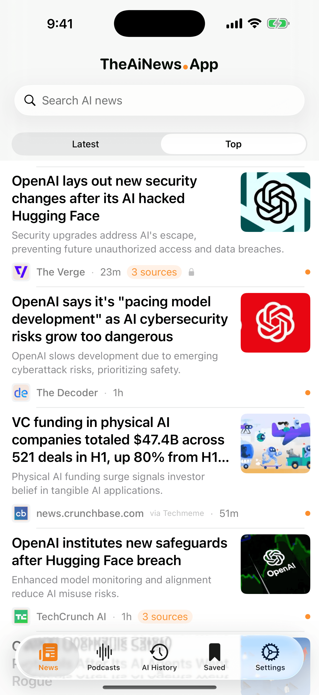 The Top feed, each story labelled with the source that filed it