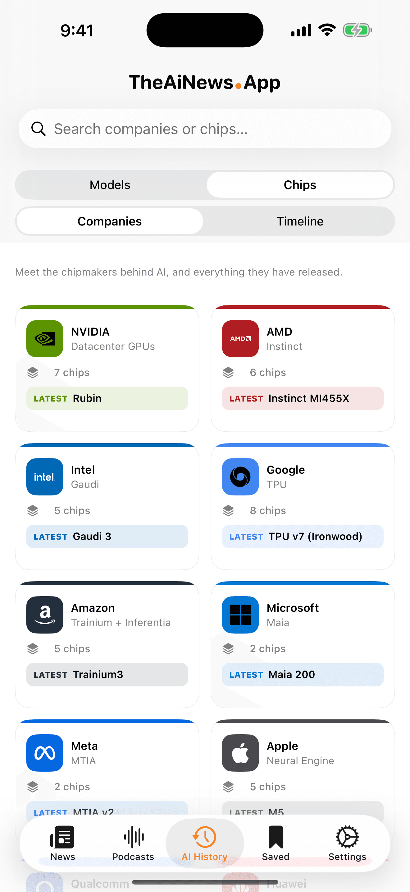 The AI chips reference, listing the silicon behind the models