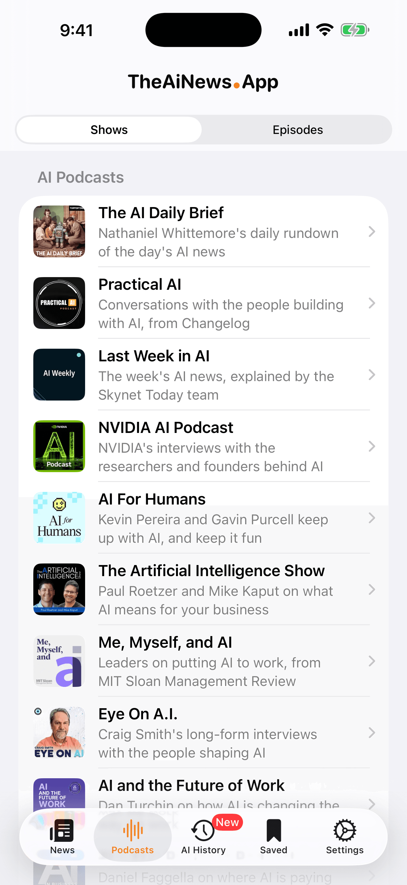 The Podcasts tab showing the curated list of AI shows