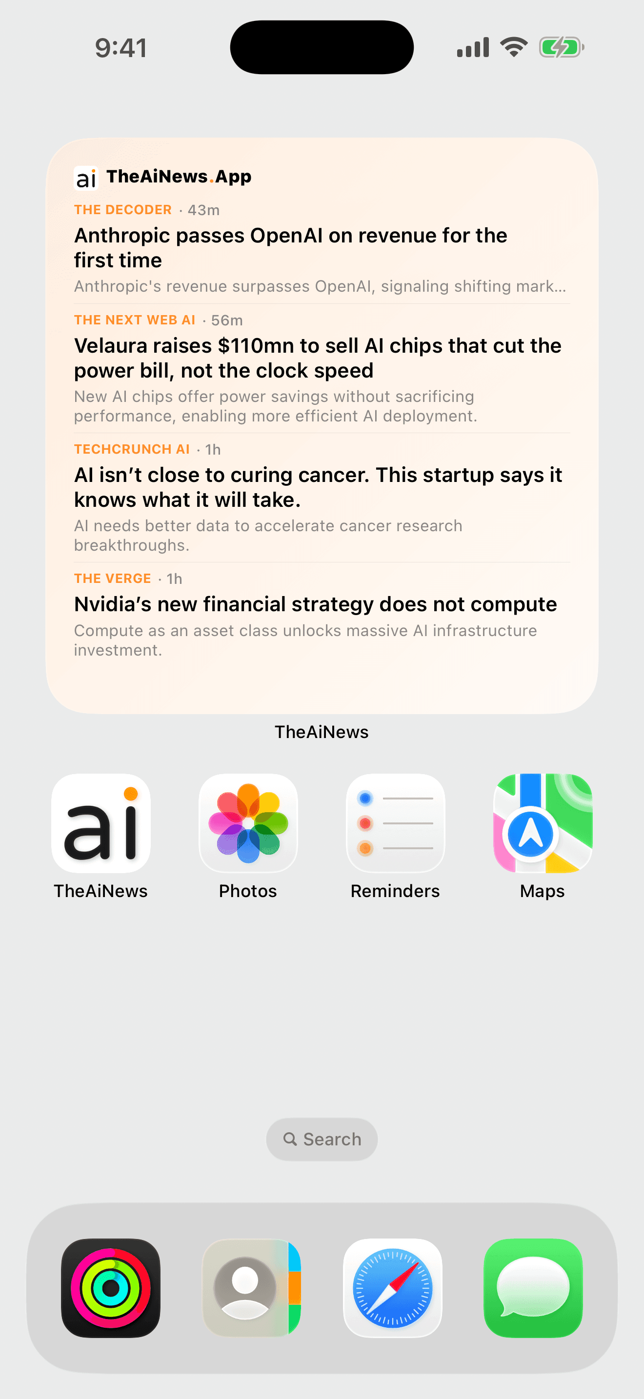 The TheAiNews.App widget on an iPhone home screen, showing the latest headlines