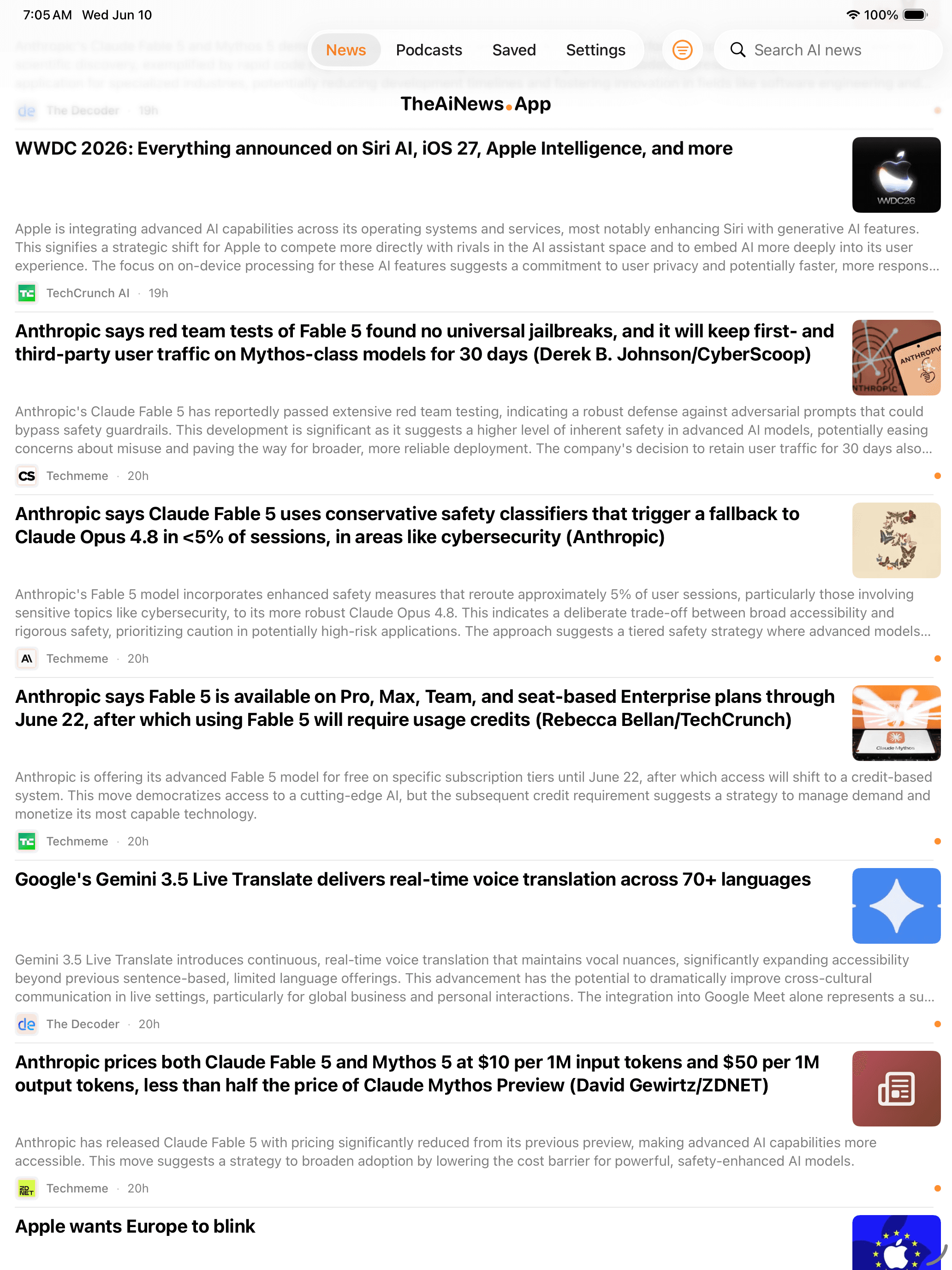 TheAiNews.App on iPad in light mode