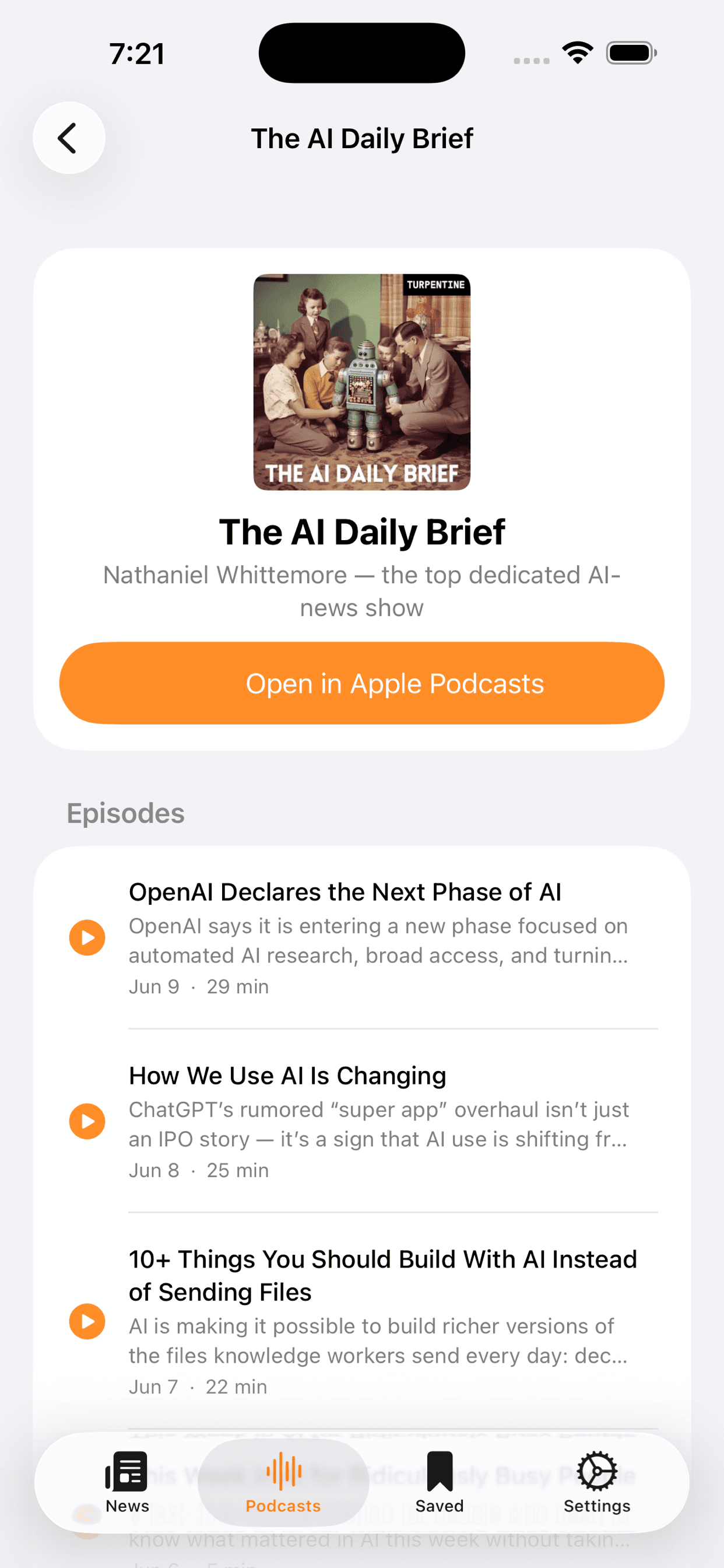 A podcast show's episode list on iPhone